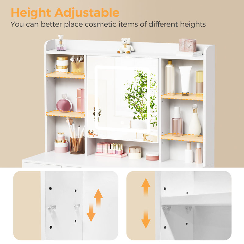 Adriel Vanity Desk With Mirror And Lights, Makeup Table With 9 Drawers, Power Outlet & Stool