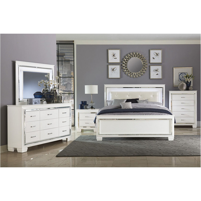 Ensemble de chambre à coucher à panneau en similicuir à DEL 6-1 Ibhan, Double, Blanc