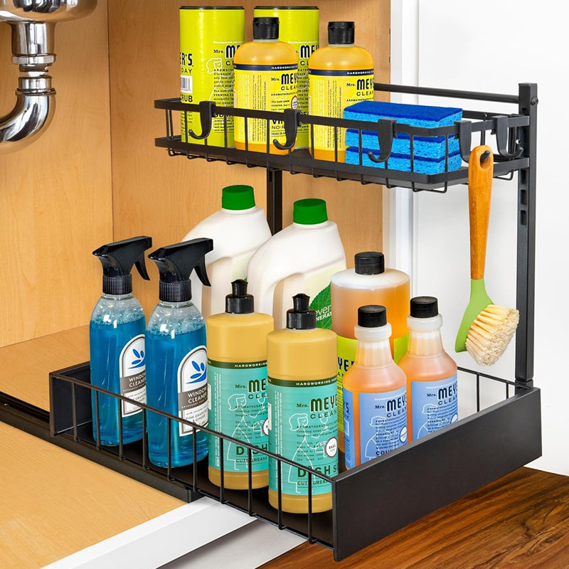 Rangement sous le lavabo, armoire de rangement coulissante noire à 2 niveaux pour cuisine et salle de bain