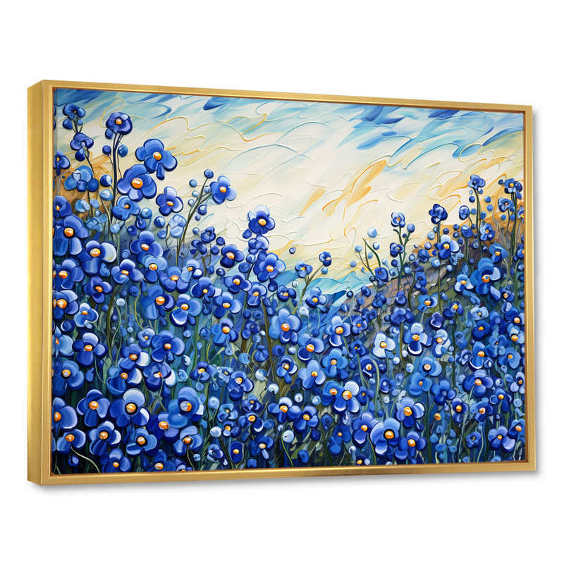 «Calming Blue Bonnets Floral Field», reproduction sur toile, Cadre flottant doré, H 30 po x l 40 po