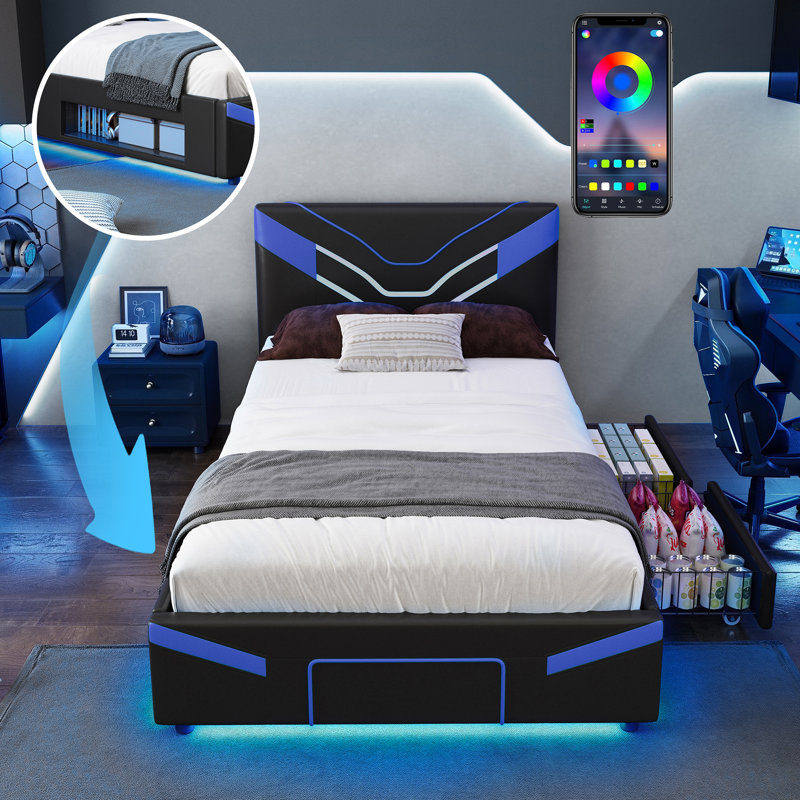 Base de lit rembourrée pour lit simple avec lumières DEL et tiroirs de rangement Nexus, Bleu
