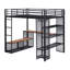 Lit mezzanine double en métal avec rangement en fer et tablettes en MDF et garde-robe ouverte, noir