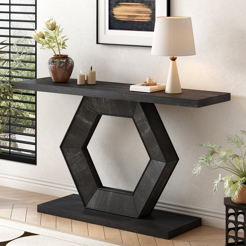 Élégante table d'entrée avec placage de sapin et l 55,74 po Console à longs pieds fonctionnels avec pieds hexagonaux longs et noirs