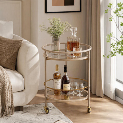 Round Bar Cart With Tempered Glass Shelves And Gold Accents,Distressed White Finish