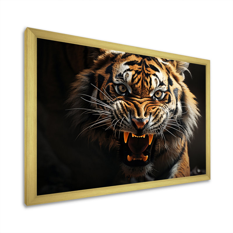 " Tiger Roaring Majesty ", 30" H x 40" W x 1.5" D, Gold Picture Framed