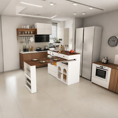 Chariot réglable pour îlot de cuisine avec sièges pour 2 à 4 personnes | Comptoir rotatif, tiroirs de rangement, vitrine et douilles en verre | Bar moderne et autoportant