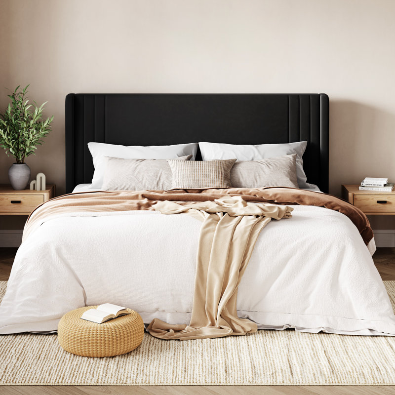 Low-Profile Velvet Upholstered Platform Bed with Wingbacks, Black, King