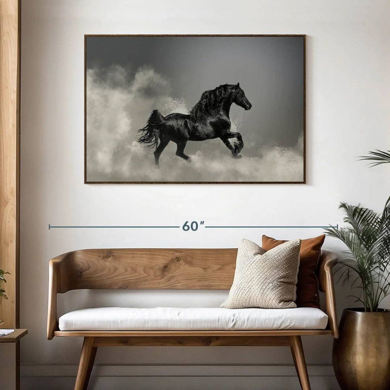 Galloping Black Friesian Horse, 46" X 31", Floating Frame Walnut