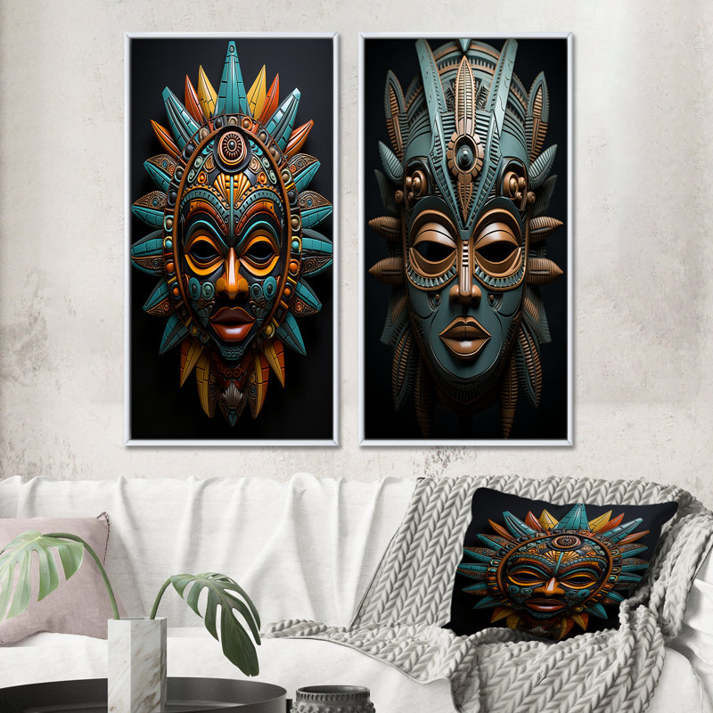 "Masque tribal africain", 2 pièces sur toile, H 32 po x l 32 po, Cadre blanc