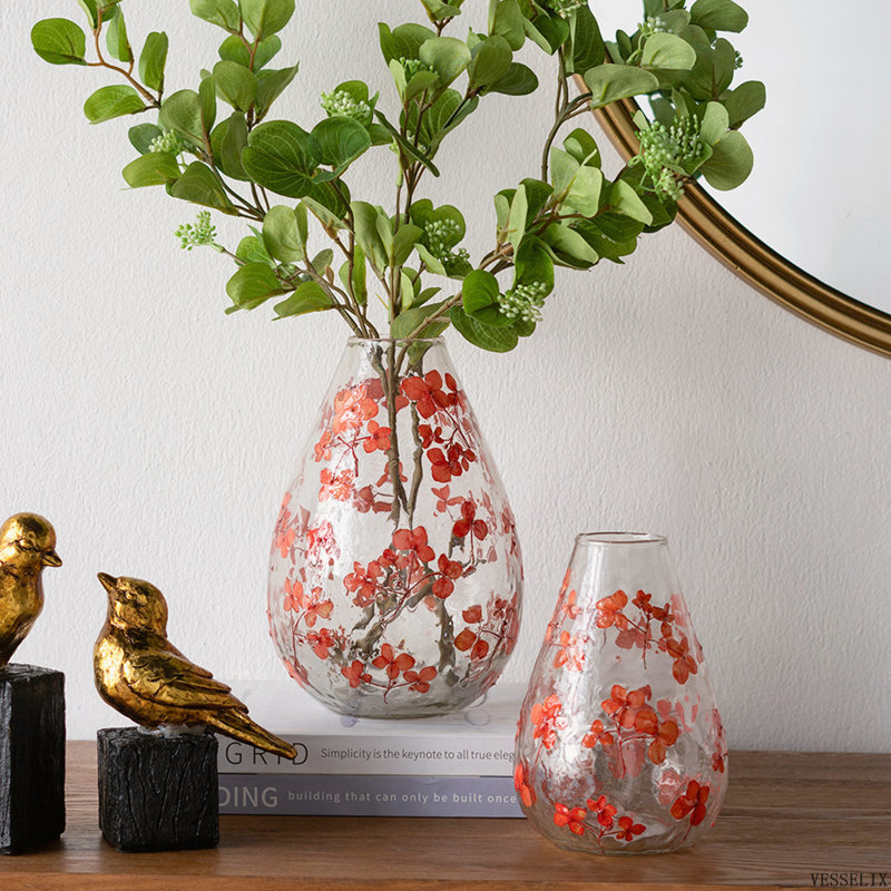 D6 "x 9,1" Vase rond en verre transparent avec motif de fleur rouge fantaisiste, élégant vase décoratif Home Decor