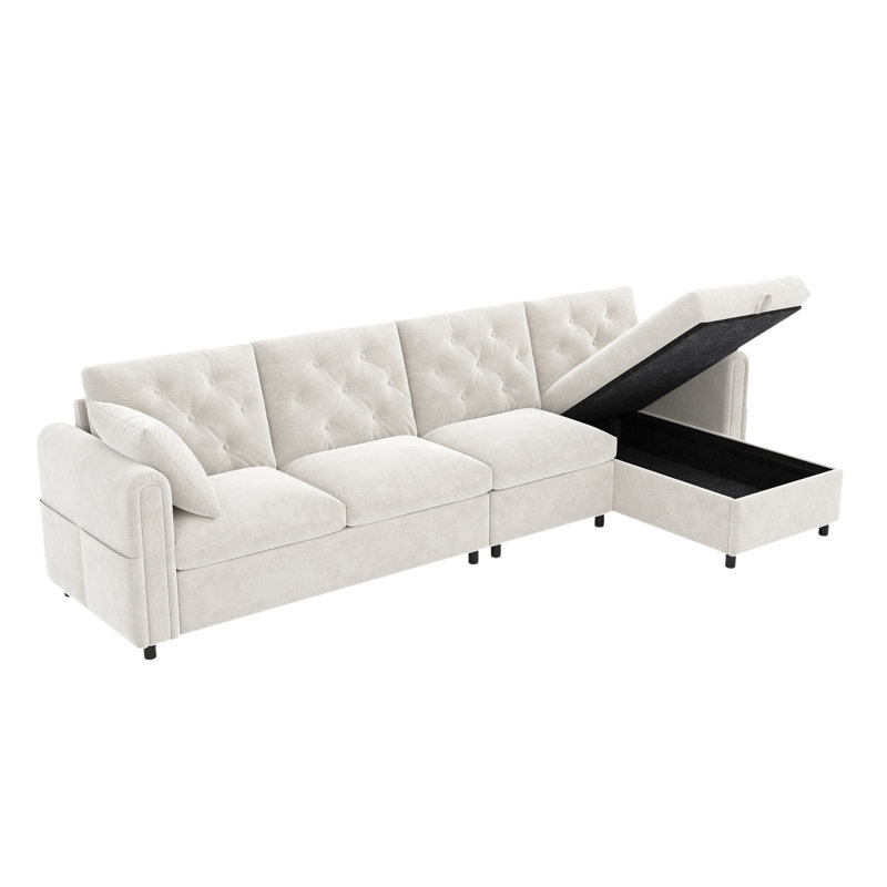 Modern Velvet L-Shaped Sectional Sofa with Reversible Storage Chaise, Tufted Back & Side Pockets, Beige
