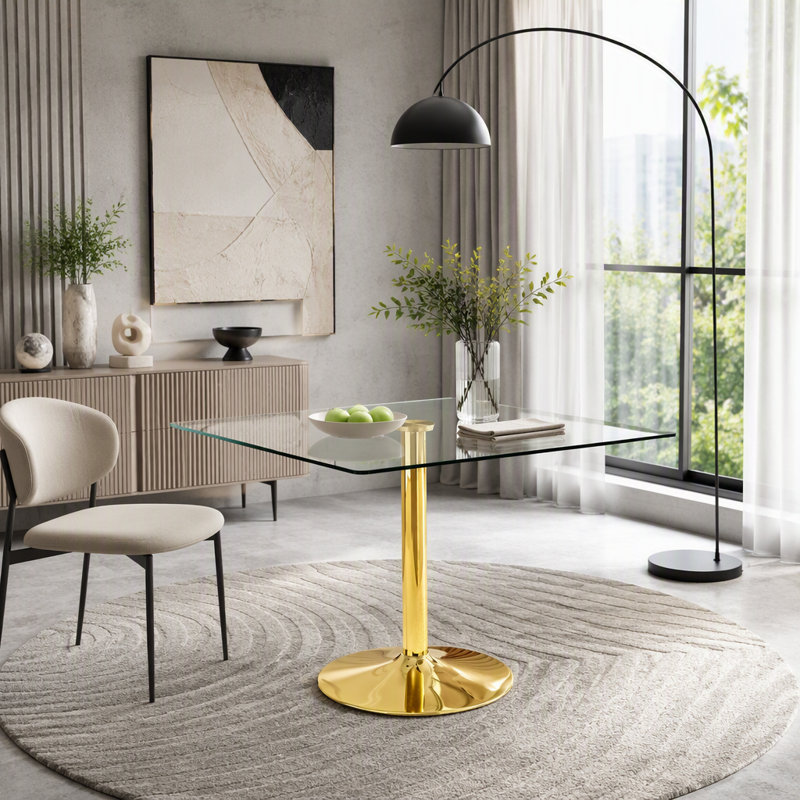 Table de salle à manger 38,5 "carrée en verre avec base à colonne unique, Or + transparent