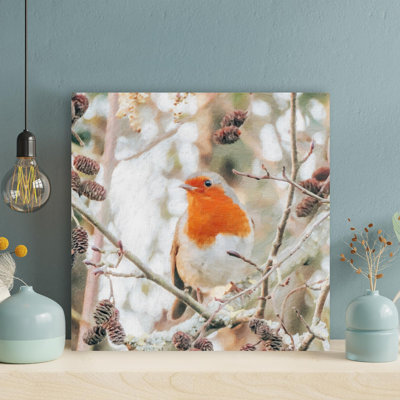 An European Robin Under Pine Nuts - 1 pièce, impression sur toile tendue