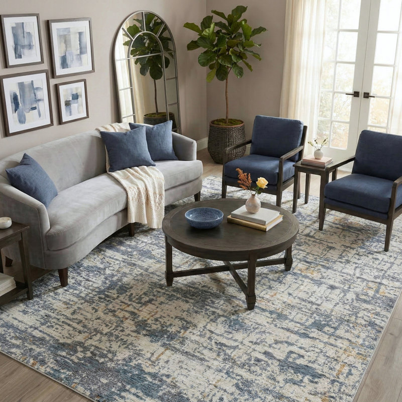 Conrado Performance Modern Industrial Abstract Blue/Gray/Multicolor Rug, Rectangle 9'10" x 13'1"