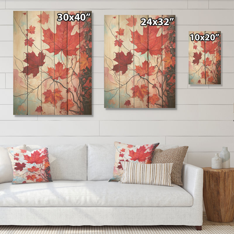 «Maples Memory Crimson - Arbre à érable», art sur bois de pin naturel, H 32 po x l 24 po