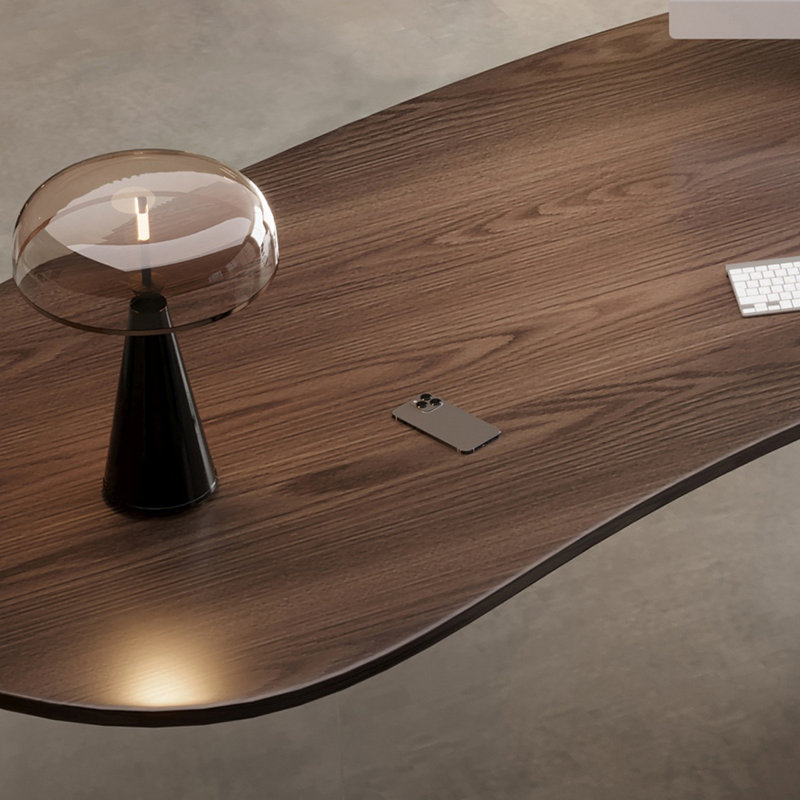 Bureau à 2 tiroirs brun noisette + bois massif courbé noir + acrylique + fer, H 29,53 po x l 62,99 po x P 30,31 po