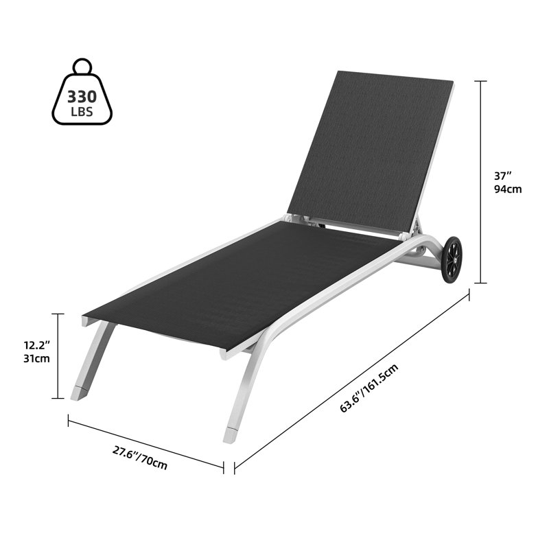 63.6" Long Reclining Chaise Lounge with Wheels (Set of 2), Black