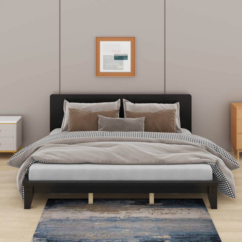 Lit plateforme en bois avec tête de lit, structure de lit moderne et robuste avec support en lattes de bois, Black, King