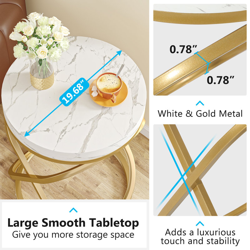 26'' White and Gold Faux Marble Top Round End Table