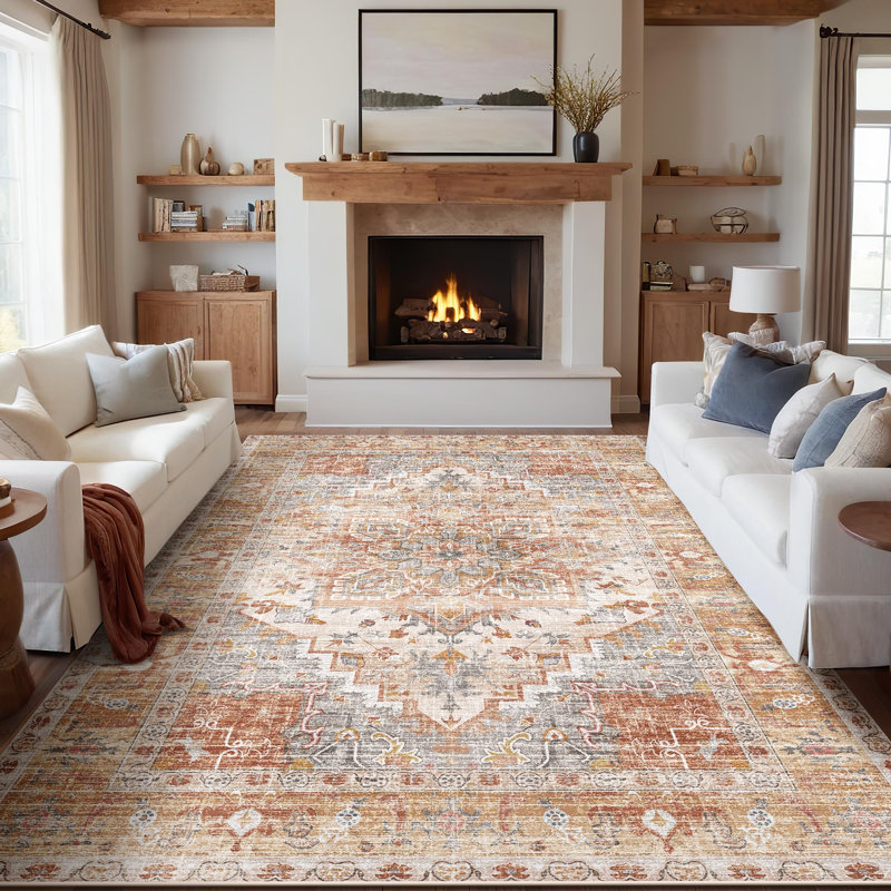 Washable Area Rugs Boho Floral Living Room Vintage Low Pile Indoor Carpet, Rectangle 9' x 12'