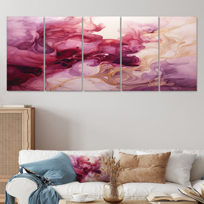 Blush in Motion Fluent Magenta Clouds - Encre liquide, art mural abstrait 5 pièces