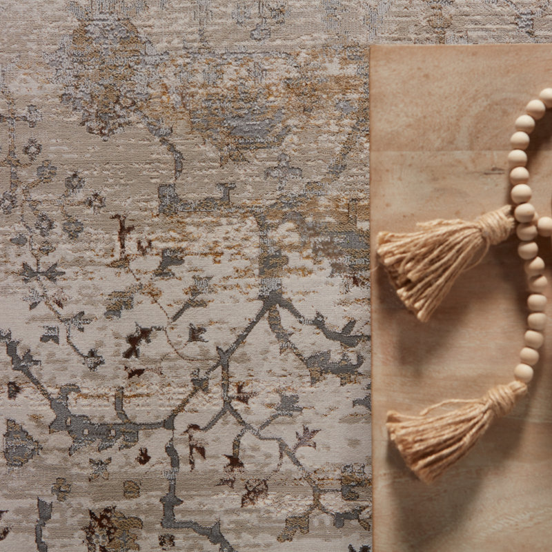 Large Gray and Beige Oriental Viscose Area Rug