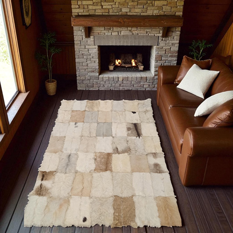 Tapis en cuir de chèvre naturel, tapis en cuir de chèvre véritable, tapis multicolore beige et blanc_7,83 po x 10 pi