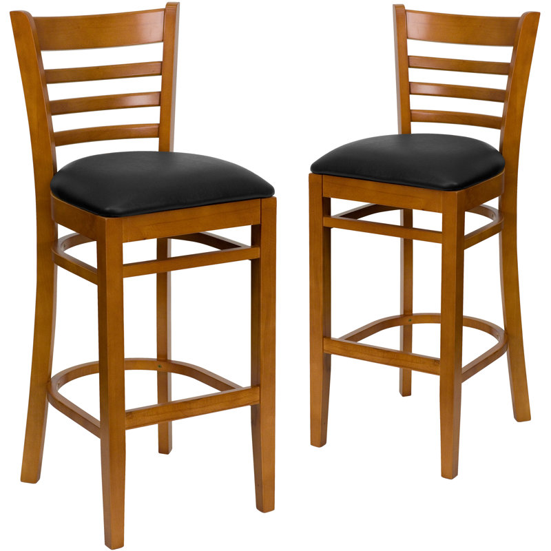 Prompton Vertical Slat Back Wooden Restaurant Barstool, Black, Cherry