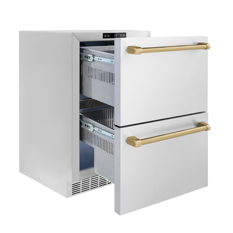 ZLINE Autograph Edition 24 In. Touchstone Refrigerator Drawer in Black Matte and Gold, Stainless Steel/Champagne Bronze