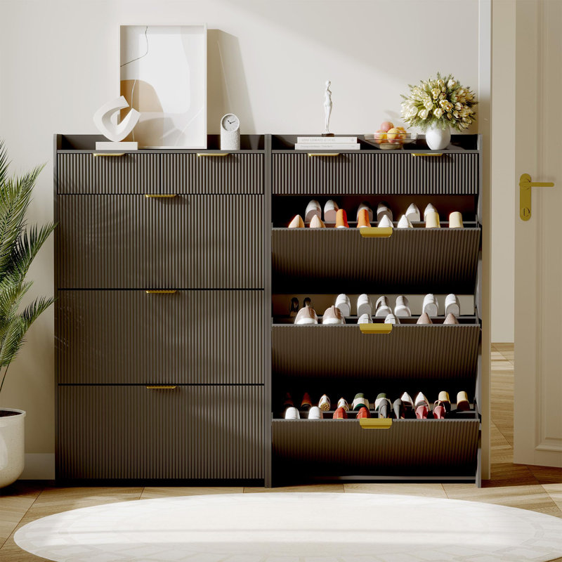 Modern Fluted Shoe Cabinet With 3 Flip Drawers, Slim Shoe Storage Organizer With 2 Drawers, Black