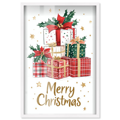 Décoration murale de Noël Merry Christmas Gift II par Art Remedy, cadre blanc, 17 x 25