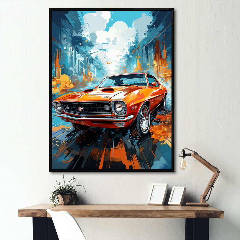 Collage de voiture orange orange, Cadre flottant noir, H 32 po x l 16 po x P 1 po