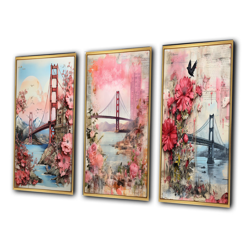 «Golden Gate San Francisco Retro Pink Collage II», 3 pièces, Cadre flottant doré, H 32 po x l 48 po