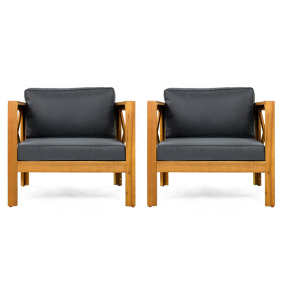 Fauteuil club d'extérieur en bois gris foncé matelassé, finition spacieuse, fauteuil de jardin avec 2 coussins, jardins faciles à assembler