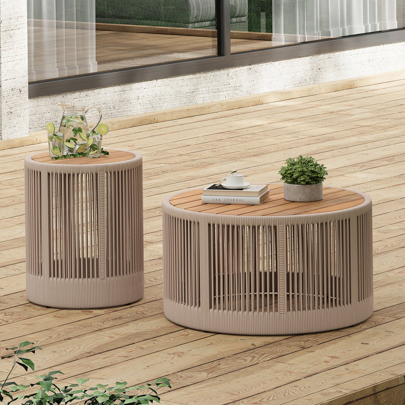 Ensemble de table industrielle rustique de 2, table basse et table d'appoint avec motif en corde tissée, ensemble de table moderne et fonctionnel pour le salon et la maison - corde beige