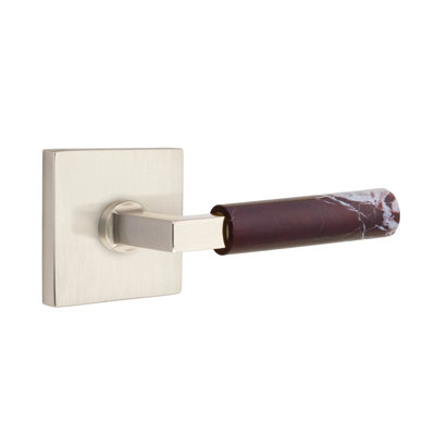 Ensemble de leviers de passage Emtek Select avec rosette carrée et tige carrée en L, levier en marbre Rosso Levanto LH