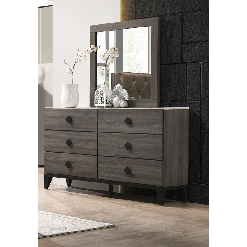 Commode double 6 tiroirs avec miroir Dobbins, Gris