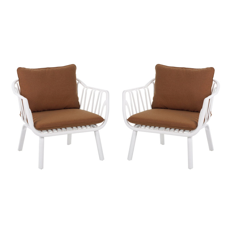 Fauteuil club d'extérieur Huron PP, finition blanche avec coussin brun, ensemble de 2