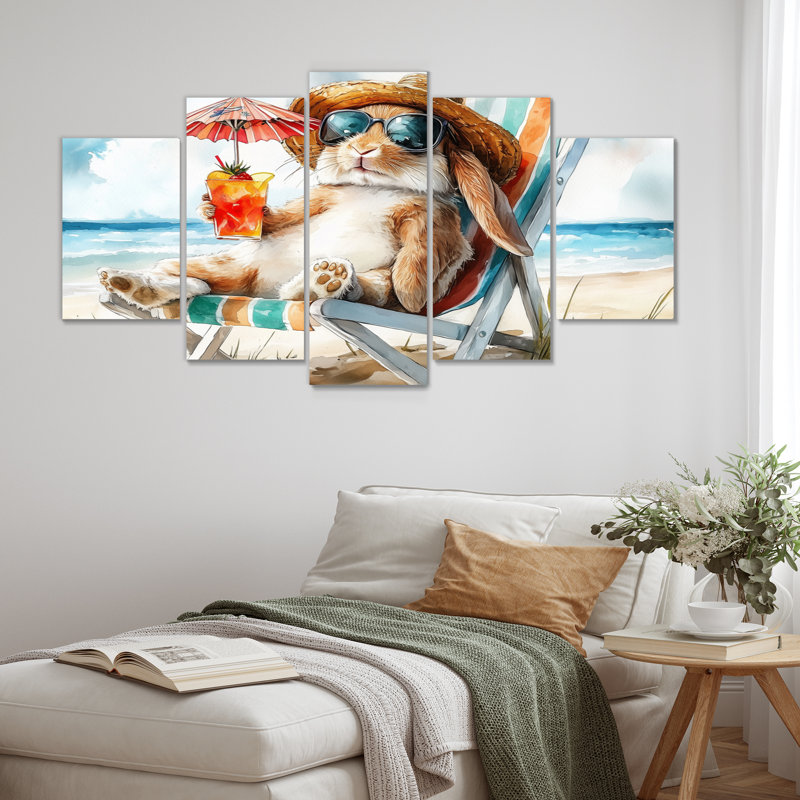 «Rabbit On The Beach Relaxing - Coastal Animal», art mural sur toile