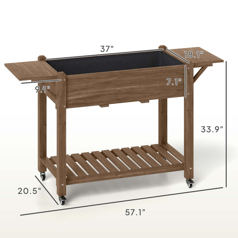 Convenient Elevated Garden Bed,Wood Raised Planter Box,With Lockable Wheels,Side Tables,Bottom Shelf,Drain Holes, Black/Brown