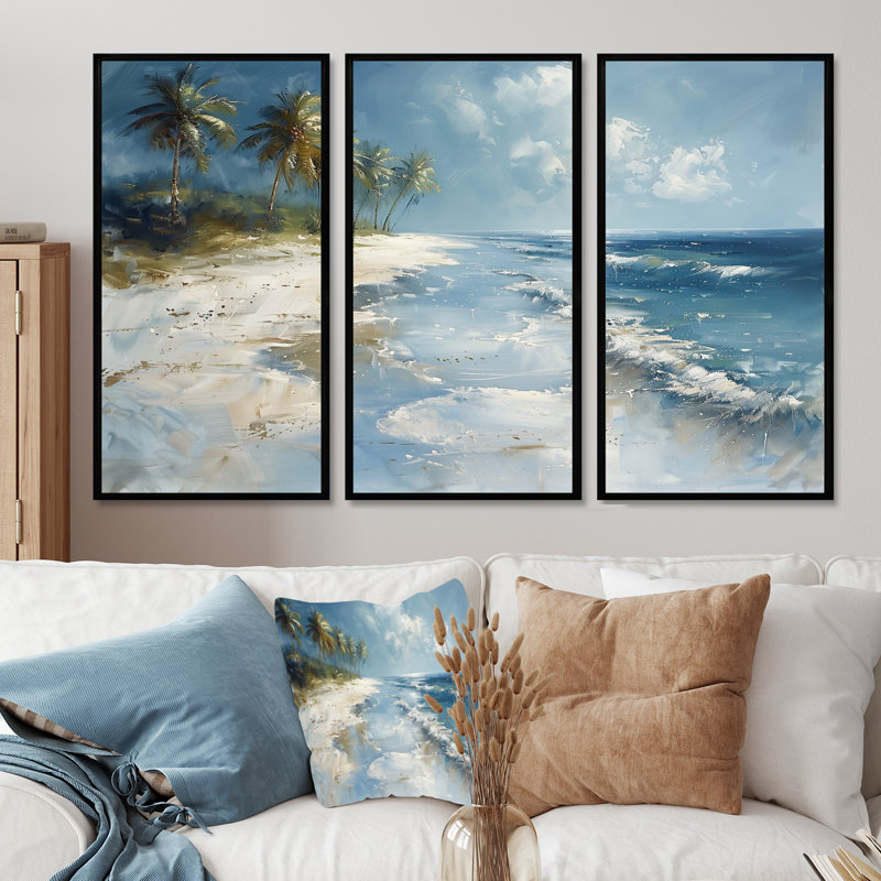 «Blue Green Palm Trees Coastal Breeze V», ensemble d'art mural palmiers et palmiers, Toile avec cadre flottant noir