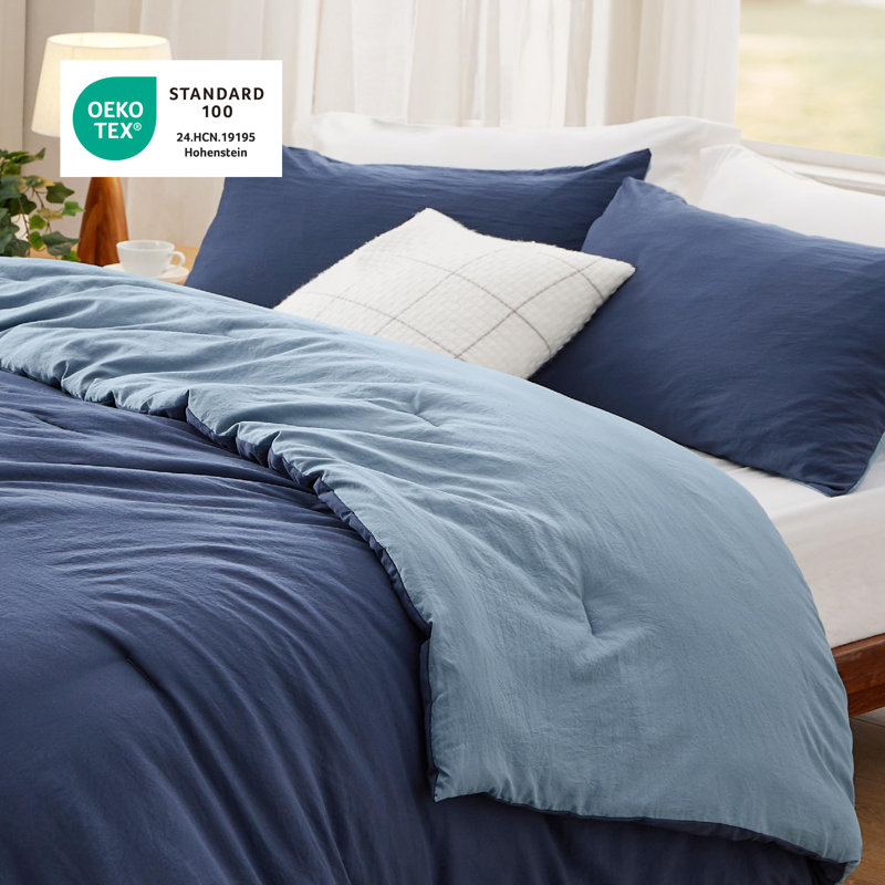 Bedsure Reversible Prewashed Comforter Set, Queen Comforter + 2 Standard Pillowcases, Navy/Blue