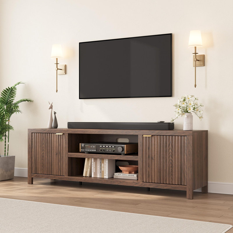 Fluted TV Stand for 80 Inch, Modern Entertainment Center with Storage, Wooden Media Console Cabinet with Fluted Door and Gold Handle for Living Room Bedroom