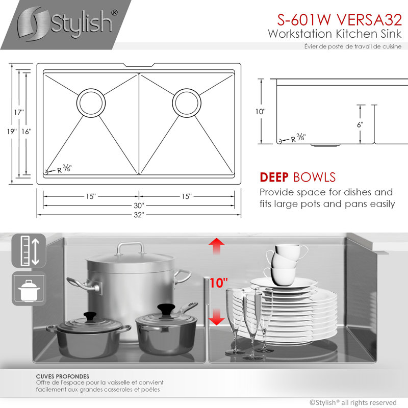 Versa STYLISH 32 inch Workstation Double Bowl Undermount 16G Kitchen Sink with Built in Accessories, Stainless Steel