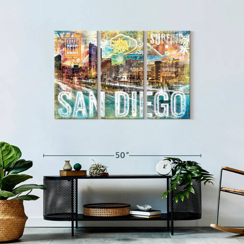 San Diego City Repères Grunge, impression sur toile 3 pièces, H 45 po x l 28 po x P 1,25 po