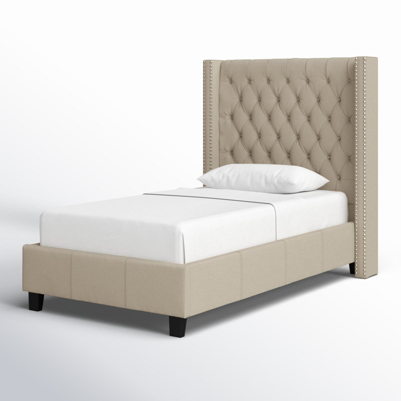 Upholstered Wingback Bed, Beige Linen Textured Fabric, Twin