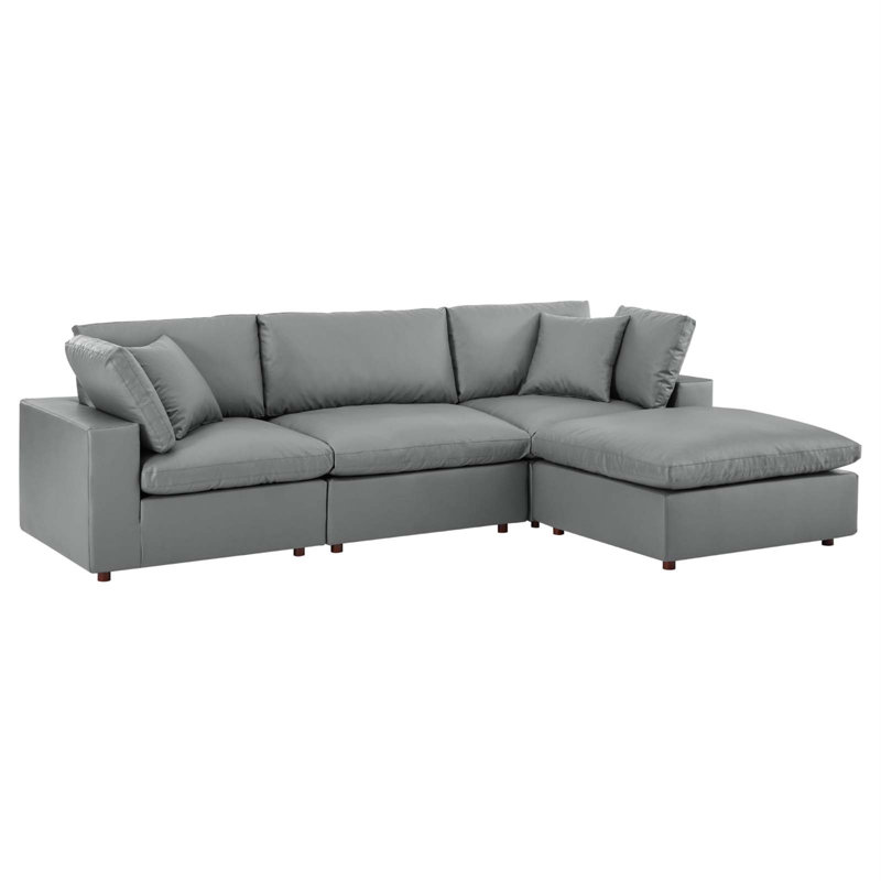 Gray Faux Leather 4-Piece Sectional Sofa with Ottoman and Down Fill