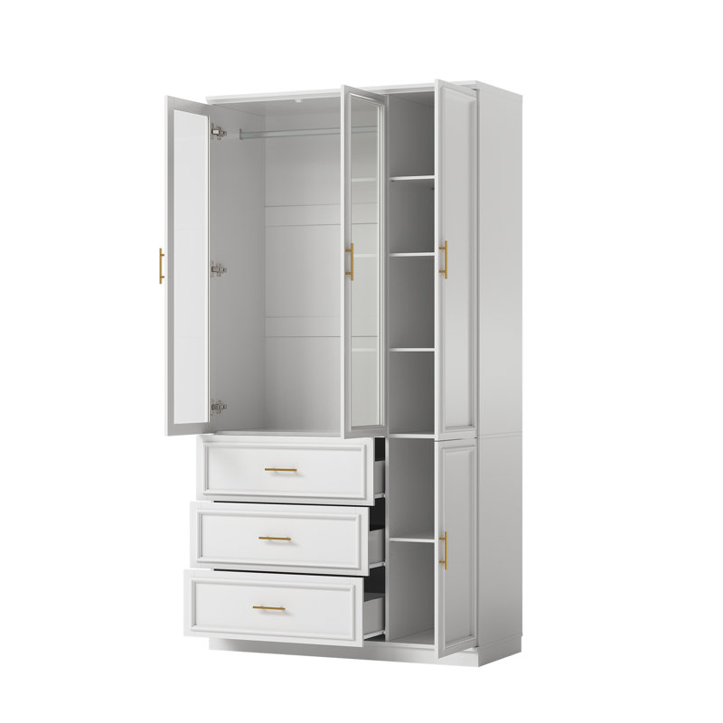 Armoire en bois massif à 3 portes de 220 cm de hauteur, avec portes vitrées, 3 tiroirs et tringle à vêtements.