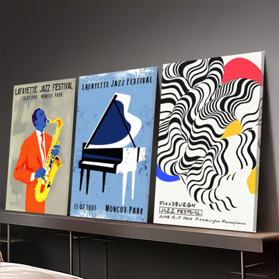 Ensemble de 3 affiches encadrées, style vintage, sur toile, avec motif abstrait de saxophone et de piano, idéal pour décorer votre salon ou votre chambre. Un cadeau unique pour les mélomanes.