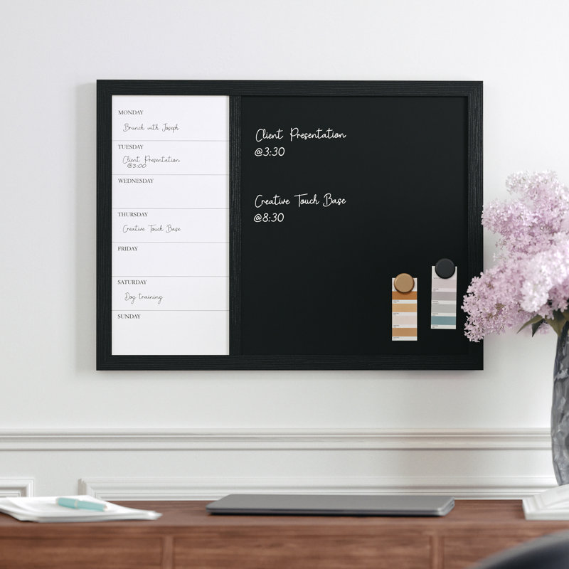 Thomas Martha Stewart Magnetic Weekly Calendar Dry Erase Board and Chalk Board with Liquid Chalk Marker, Black